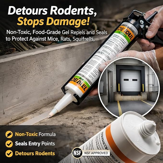 DETOUR Rat Repellent Gel | Professional Grade Rat Mice Repellent | 10 oz Caulking Tube | NSF-Approved for Food Preparation Areas | Protects Car Engine Wires &amp Outdoor Grills from Rodents | Toxin-F