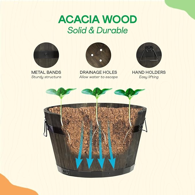 Idzo Set of 3 Wooden Flower Planters for Outdoor Plants Acacia Wood Barrel Planters Ergonomic Handles Drainage Holes Various Sizes Black