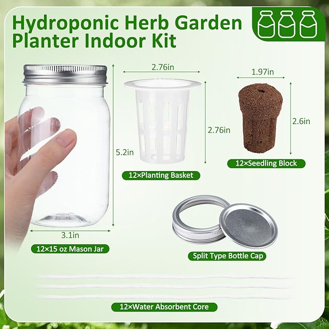12 Set Hydroponic Garden Mason Jar Kit Self Watering Herb Hydroponic Planter Starter Kit with Net Pot Garden Flower Plant Growing Gift for Indoor Herbs Windowsill Gardening