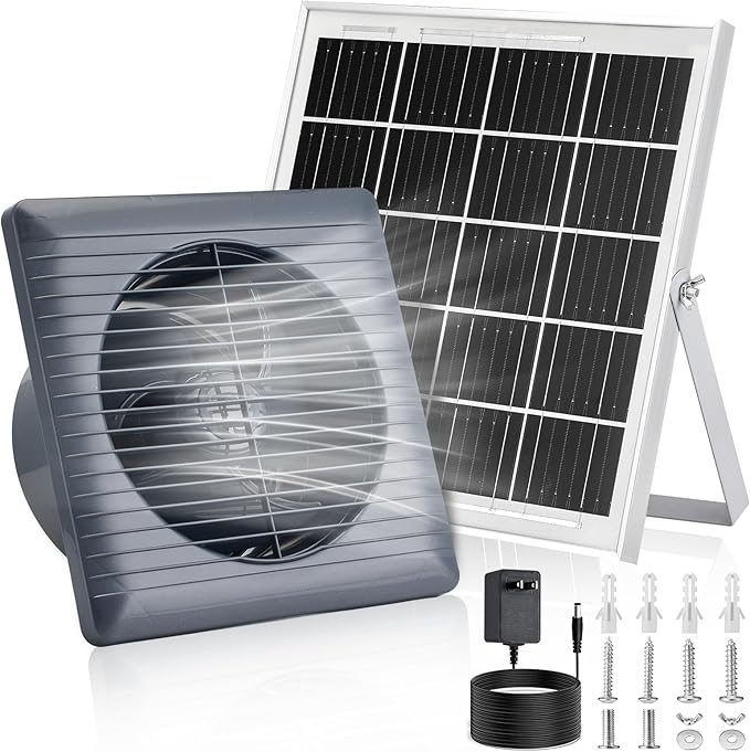 Solar Powered Exhaust Fan 25W Solar Panel+8 High Speed Solar Powered Fans Solar Exhaust Intake Fan Kit with Bracket Anti-backflow Valve Power Adapter Vent Fan for Shed Greenhouse Attic