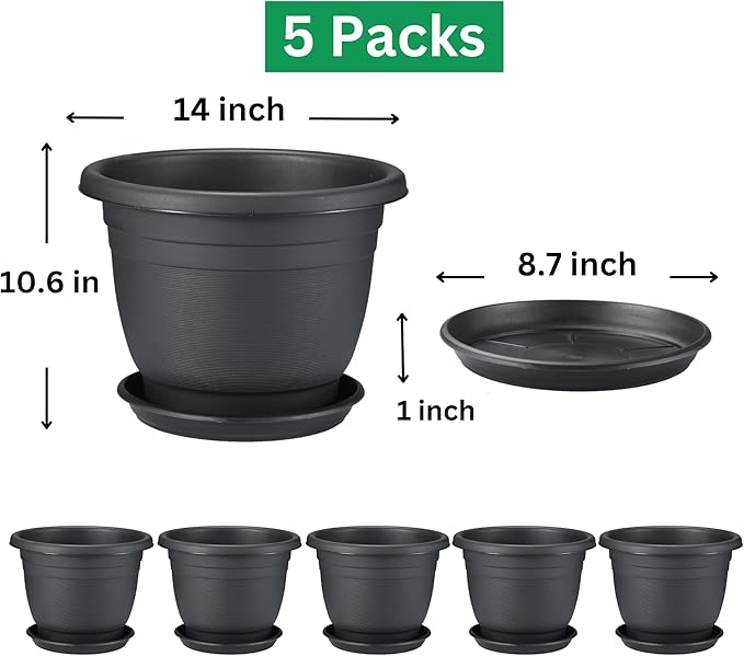 5 Packs 14 inch Flower Pots + Saucer Planters for Indoor &amp Outdoor Plants with Drainage Holes | Plastic Flower Pots Large Planter (Black 14 inch)