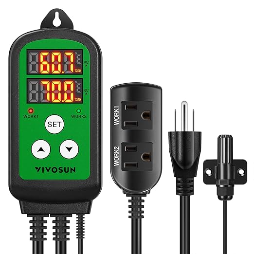 VIVOSUN Humidity Controller 1200W Dual-Stage Outlet Pre-Wired Digital Humidistat with Dual LED Displays for Humidifier/Dehumidifier/Fan Ideal for Greenhouse Grow Tent Home-Brewing Mushroom