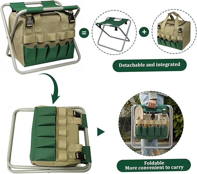 Garden Stool Folding Garden Seat with Detachable Storage Bag Multi-Pocket Gardening Bench Portable Zipper Gardener Tool Seat for Adults Garden Seat