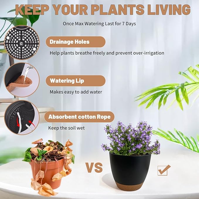 LIFFY Plant Pots 87.576.565.55 Inch Plastic Self Watering Planters with Drainage Holes &amp Saucers 7-Pack Black Nursery Planting Pot with Deep Reservoir for Indoor Outdoor Plants