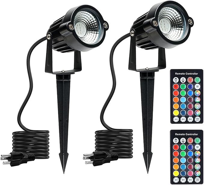 SHOYO Spotlights Colored with Timer Outdoor Yard Spot Lights 120V RGB Waterproof Memory Dimmable Uplights with Spiked Stand for Flags Lawn Porch Backyard 2 Lights
