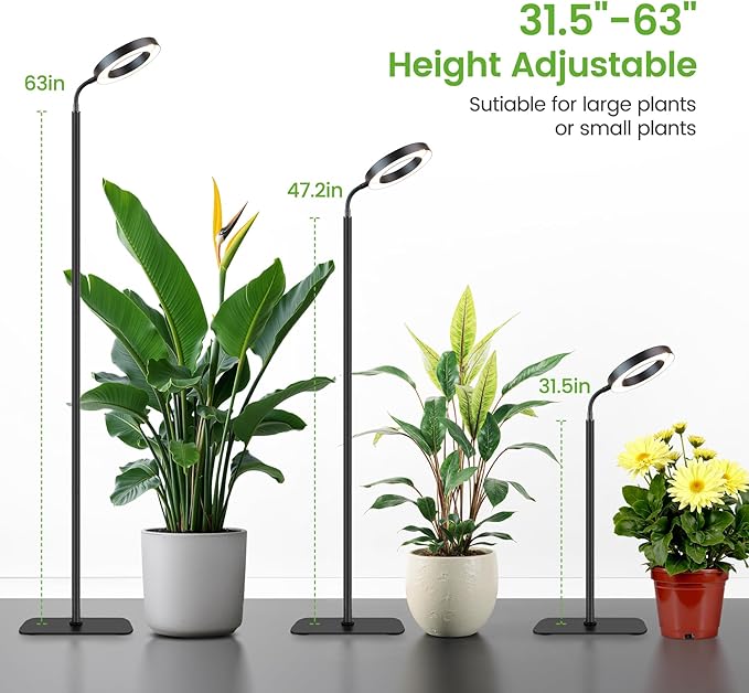 Grow Lights for Indoor PlantsFloor Lamp with 63IN StandFull Spectrum10 DimmingHalo Ring Warm Light 3/9/12H TimerHeight AdjustableMetal Stable Base Growing Light for Tall Small Plant