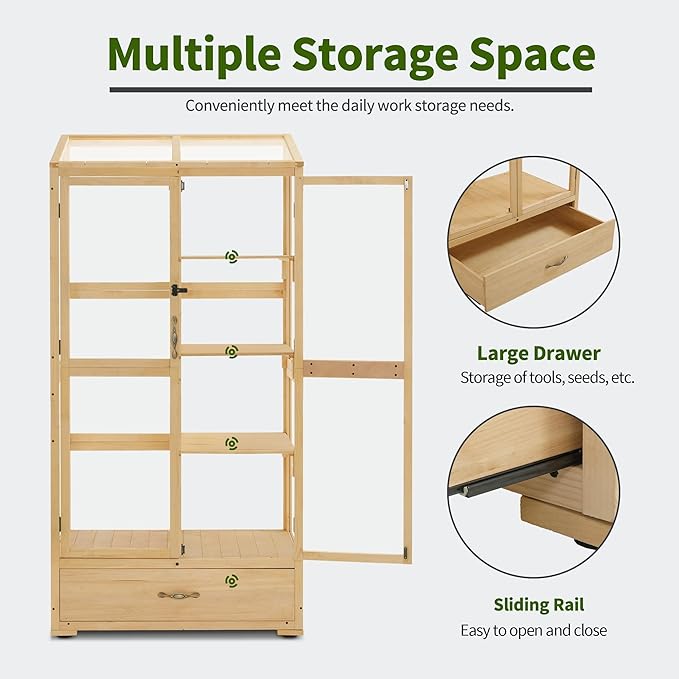 Macrout Cold Frame Greenhouse Tall Wooden Greenhouse for Outdoor Indoor Use with Polycarbonate Panels 3 Tier Garden Cold Frame with Drawer and Shelves 0864 (Natural)