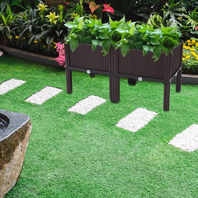 Outdoor 2Pcs Plastic Raised Garden Bed Self-Watering Plastic Planter Garden Free Splicing Injection Planting Box Stand (Brown)