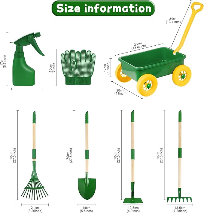 Duckura Kids Gardening Tools Set - 7pcs Wheelbarrow Set Outdoor Toy for Kids with Shovel Rake Leaf Rake Yard Digging Weed Toys Easter Birthday Gifts for Boys Girls Age 2 3+Years Old(Yellow)