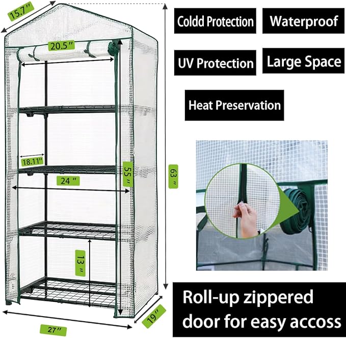 4-Tier Mini Greenhouse Green House for Flower Indoor Outdoor Portable Plant Outdoor Cage with Heavy Duty PVC Clear Cover &amp Steel FrameGreenhouse for Seed Starting MushroomVegetables