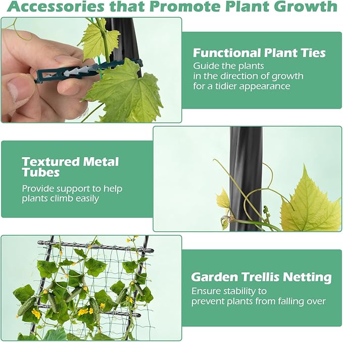 Happygrill Trellis for Climbing Plants Outdoor Cucumber Trellis w/PE-Coated Frame Trellis Net Fixing Clips Zip Ties A-Frame Sturdy Metal Plant Support for Tomato Grape Clematis