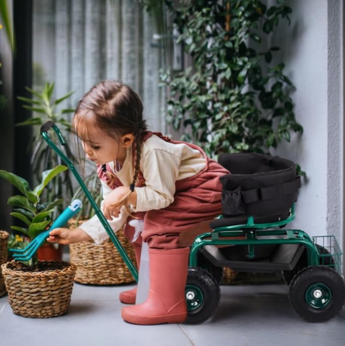Rolling Garden Cart with Cushioned Backrest &amp Seat Outdoor Gardening Stool for Planting Garden Scooter with 360 Degree Swivel Seat &amp Steering Handle &amp Tool Tray (Backrest Seat+Handle Gre
