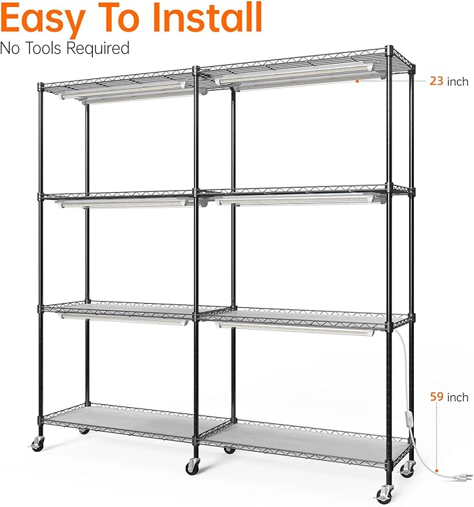 Bstrip Plant Shelf with Grow Light 4-Tier Large Grow Light Shelf with Wheels Stainless Steel 12-Pack 288W T8 Full Spectrum Grow Lights for Seed Starting(57.4 L x 13.8 W x 59 H)