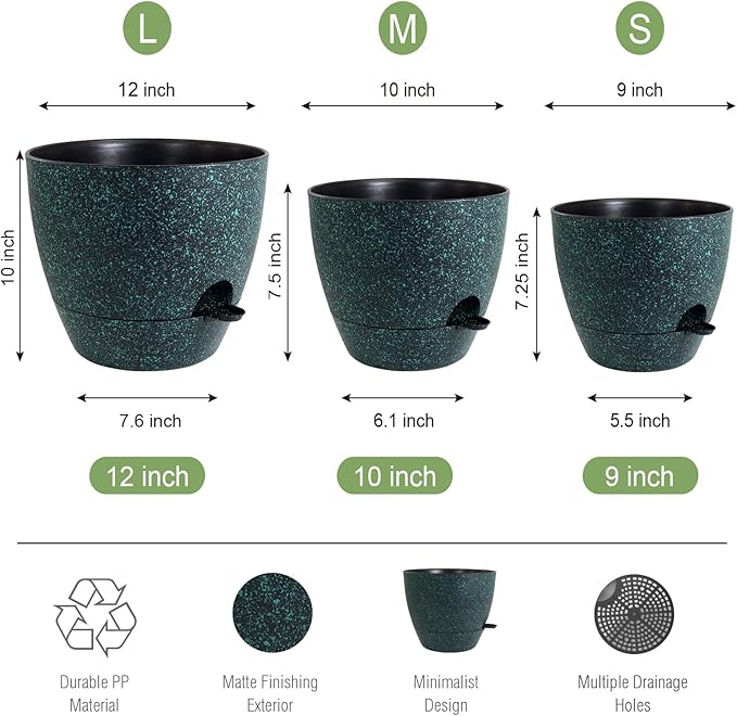 Large Self Watering Pots 12/10/9 Plastic Planters with High Drainage Holes and Deep Reservoir for Indoor Outdoor Garden Plants and Flowers Black with Green Speckles