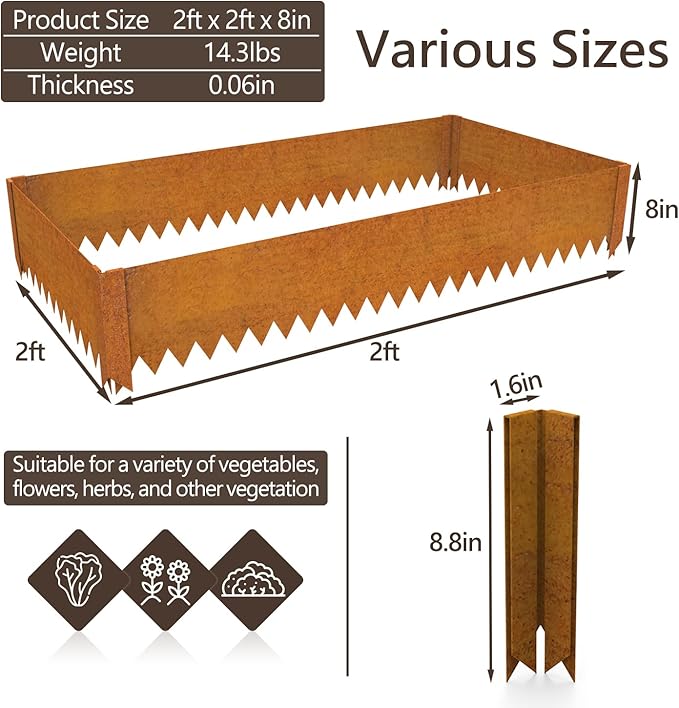 Cor-Ten Steel Raised Planter with Rust Patina Finish Pre-Rusted Cor-Ten Raised Garden Bed Kit2FT x 2FTx 8IN