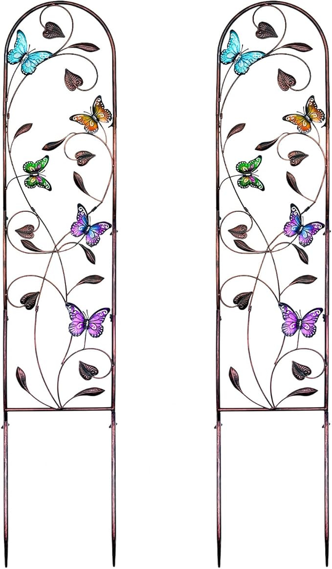 aboxoo Set of 2 Packs Butterfly Metal Garden Trellis for Climbing PlantsOutdoor Decorative Flowers Arch Fence Trellis for Outdoor PatioGardenLawnYardBackyardWall Brackets60'' H x 11'' W
