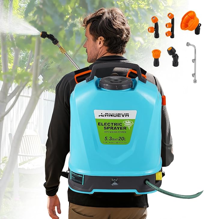 LANUEVA 5.28 Gal/20L Battery Powered Sprayer with Mixing System 78-101 PSI Adjustable Electric Backpack Sprayer with Six Mist Nozzles&ampTelescopic Wand Weed Sprayer for Lawn Garden Home Cleaning