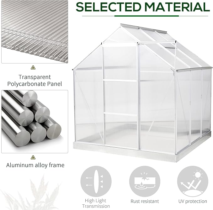 Outsunny 6' x 6' Hobby Greenhouse Walk-in Polycarbonate Hot House Kit with Aluminum Frame Sliding Door Roof Vent Silver