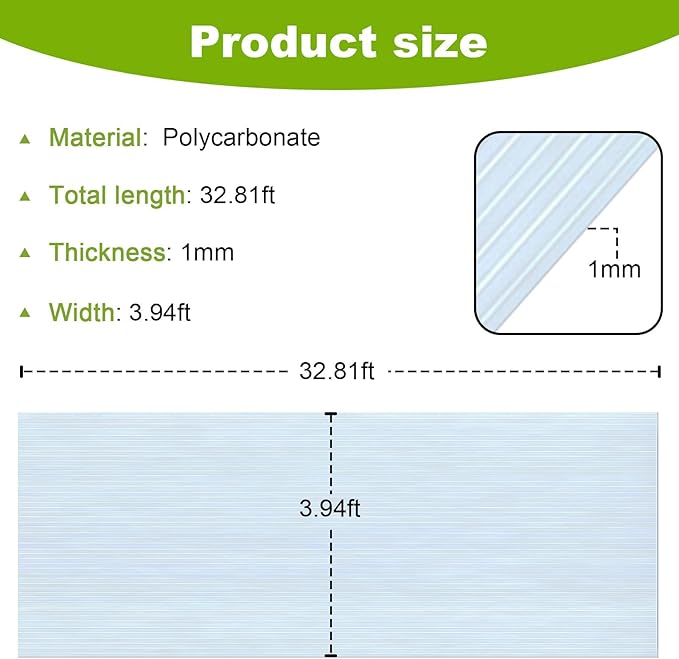 32.81×3.94 Ft Polycarbonate Roofing Sheet 1mm Thickness Resistant Rainproof Greenhouse Panels Insulated Transparent Clear Roofing Panels for Greenhouse Sunroom Canopy Balcony Pergola
