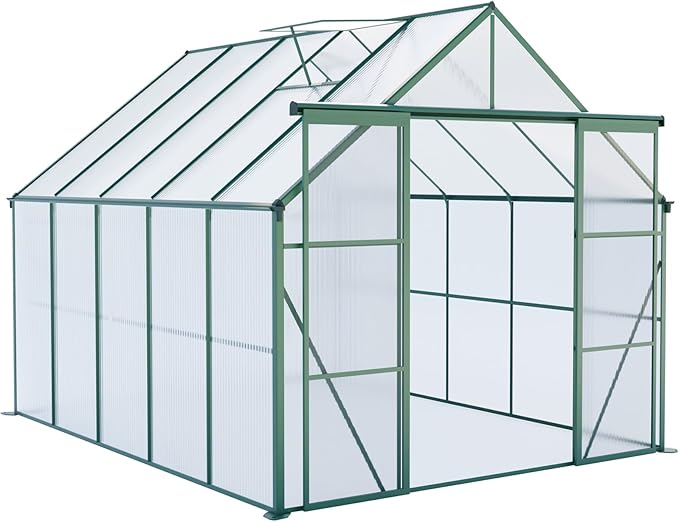 8x10 Greenhouse for Outdoor with Double Door and Adjustable Roof Walk-in Polycarbonate Gardening Green House with Raised Base and Anchor Drainage System for Backyard Lawn Green