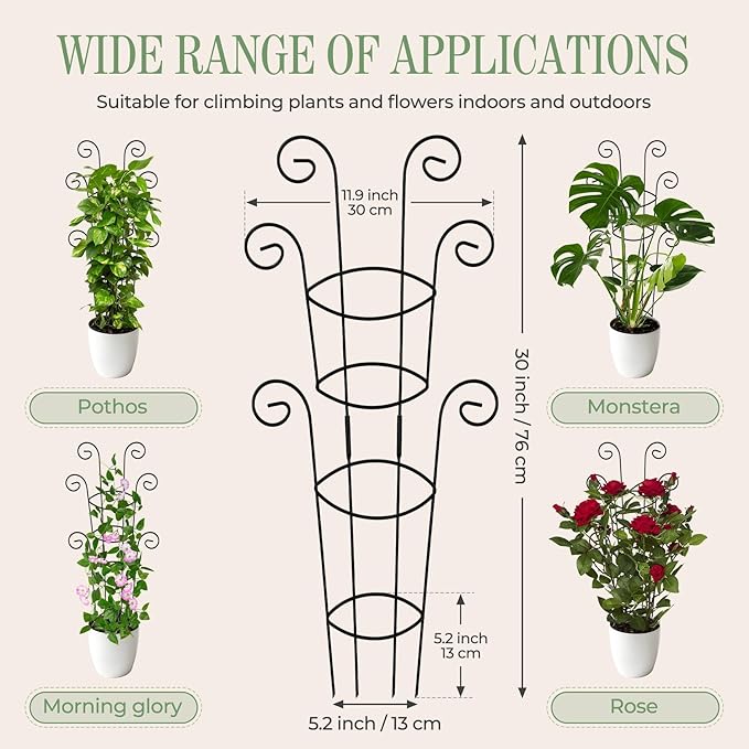 4 Pack 30 Inch Tall Metal Plant Trellis for Climbing Plants Indoor - Rustproof Garden Trellis for Potted Houseplants Sturdy Support for Ivy Pothos Monstera Hoya &amp Flower Vines