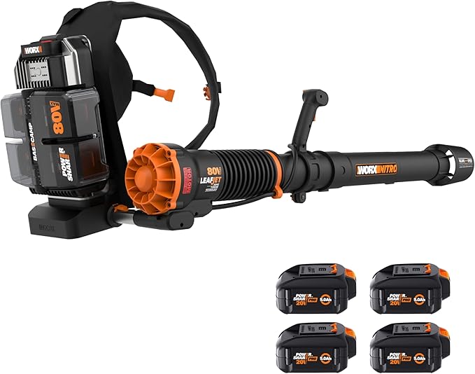 WORX Nitro WG572 80V Cordless Leaf Blower Backpack Blower with 800CFM &amp 150MPH Electric Blower for Lawn Care with Brushless Motor &amp Variable Air Control 4 Batteries &amp Basecamp Charger I