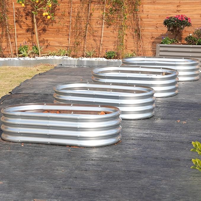 4Pack 4x2x1ft Galvanized Raised Garden Bed Kit Oval Metal Ground Planter Box Outdoor Bottomless Planter Raised Beds for Vegetables Flowers Herbs Fruits Silver