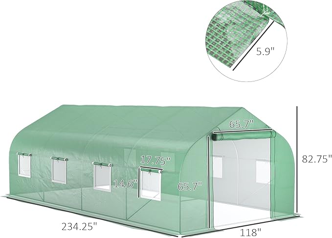Outsunny 20' x 10' x 7' Walk-in Greenhouse Tunnel Green House with Zippered Mesh Door and 6 Mesh Windows Gardening Plant Hot House with Galvanized Steel Frame Green