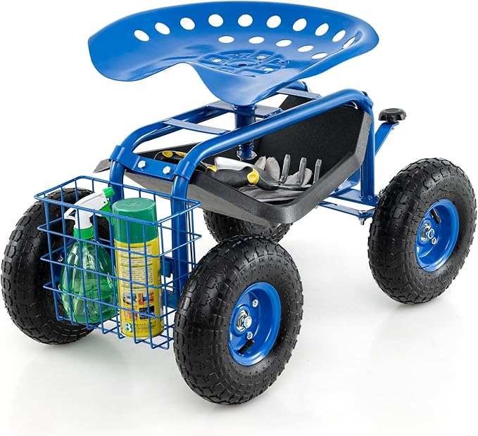 Giantex Garden Workseat 360 Swivel Rolling Seat with Wheels Tools Basket Gardening Cart with Seat Adjustable Height Wagon Scooter for Patio Lawn Yard Outdoor Steerable Stool (Blue)