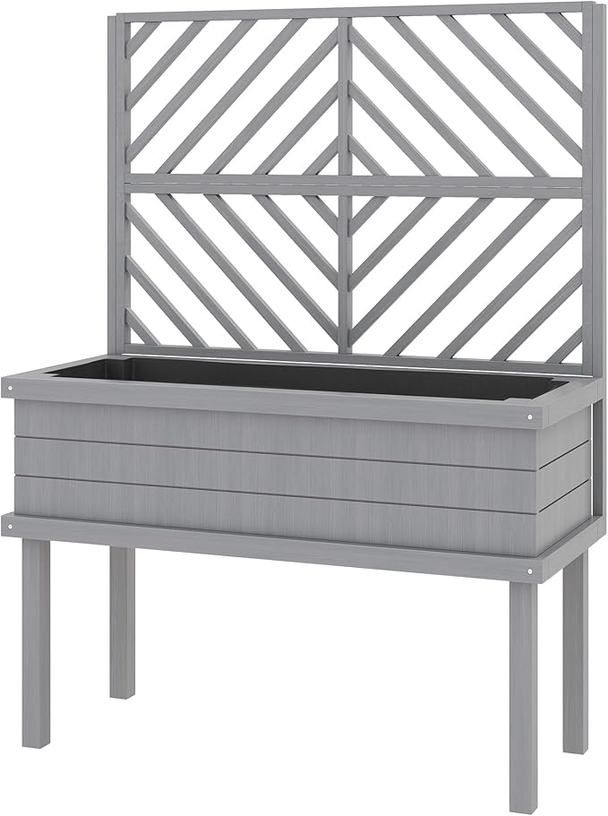 Wooden Planter Box with Trellis Elevated Raised Garden Bed for Climbing Plants Fir Wood Flower Shelf with Drainage Holes Gray 41.25 W x 17.75 D x 55 H