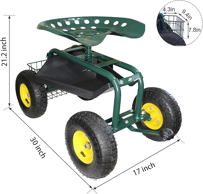 Garden Cart with Seat Rolling Garden Seat with steerable Front Wheels Tool Tray and Storage Basket NO Handle Garden Patio Wagon Scooter for Planting Indigo