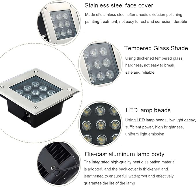 Square Outdoor Buried Lamp Ground LED Landscape Lights Low Voltage Led Well Lights Square Outdoor Buried Lamp IP67 Waterproof LED Spotlight(White9W(85-265V))