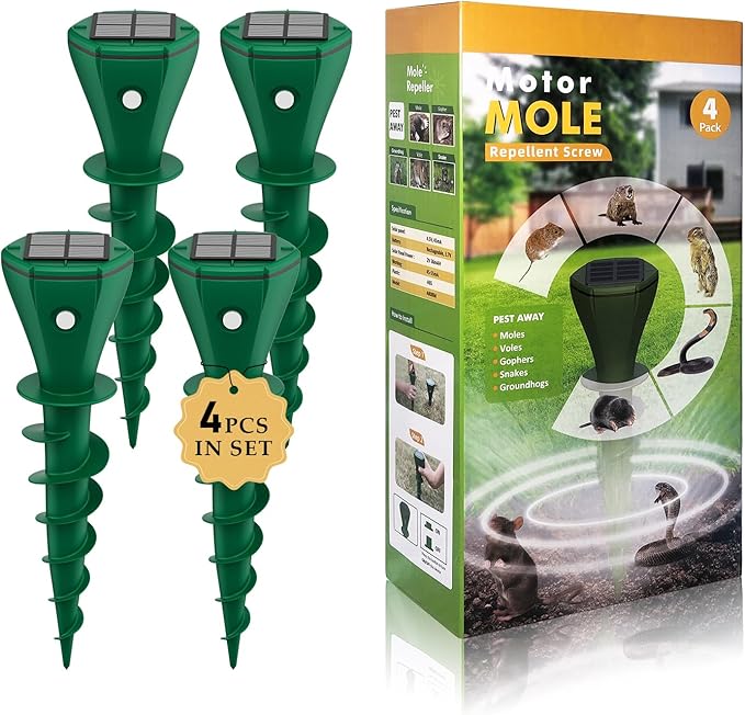 Solar Powered Mole Repellent for Lawns 4 PackIP65 Waterproof Mole Snake Repeller Noiseless Design Vibrating Stake Repels Outdoor Snakes Gophers Moles