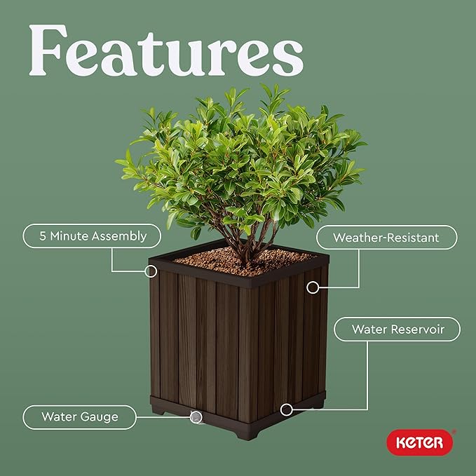 Keter Signature 21.6 Inch Tall Square Large Wood Look Planter for Indoor or Outdoor Flower Pot Ideal for Patio Deck and Front Porch Decor Rosewood