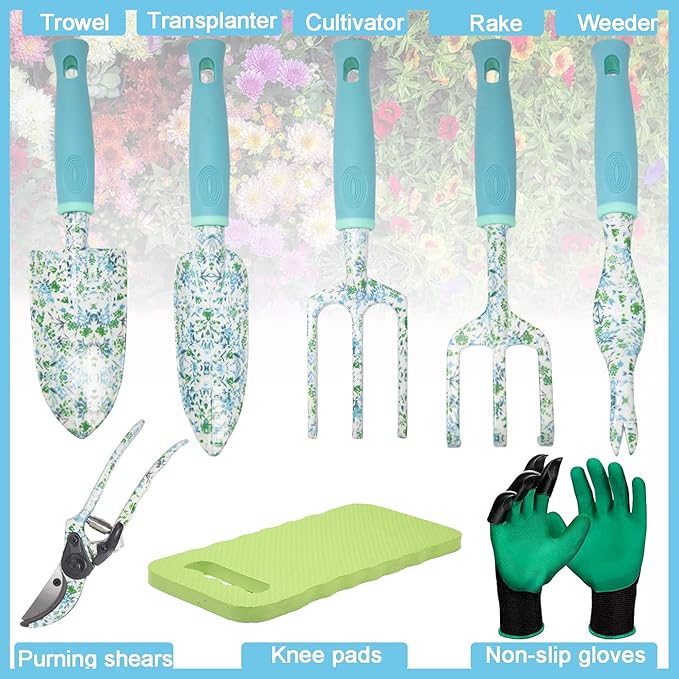 Garden Tool Set 9 Piece Aluminum Alloy Gardening Hand Tools Kit Gift for Women &amp Parent Gardening Supplies with GlovesToteKneeling PadHand PrunerTrowelHand RakeWeederForkTransplanter