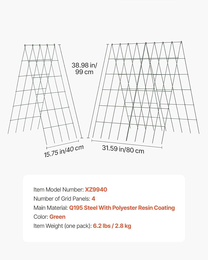 VEVOR Cucumber Trellis No Assembly Required 39 High 2 Pack Foldable A-Frame Garden Trellises for Raised Bed Metal Rustproof Outdoor Climbing Plant Support for Vine Peas Beans Tomato Flowers