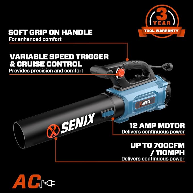 SENIX 12 AMP Handheld Electric Leaf Blower Up to 700 CFM and 110 MPH Variable Speed Lightweight 120v (BLAE12-M)