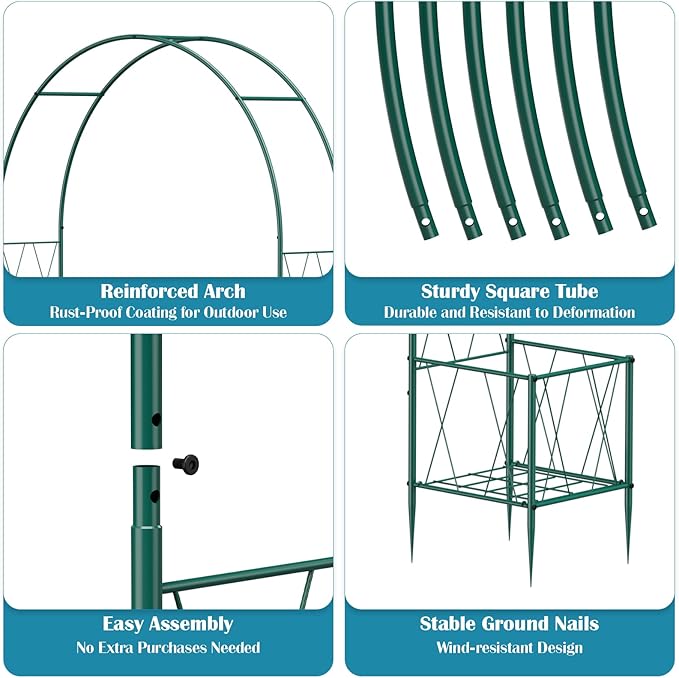Thickened Tube Garden Arch Trellis with Planter BoxesMetal Arch FramePumpkin Archway Outdoor Garden Arbors and Arches for Wedding Party Decoration Christmas Decor Pergola for Garden Backyard(Green)
