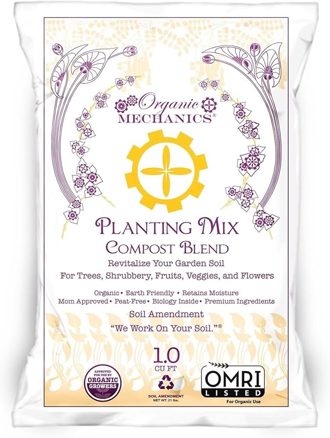 Organic Mechanics Planting Mix Compost Blend 1 Cu Ft - Revitalizes Garden Soil with Compost Pine Bark Coconut Coir and Worm Castings for Raised Beds Gardens &amp More - Peat-Free &amp Eco-Frien