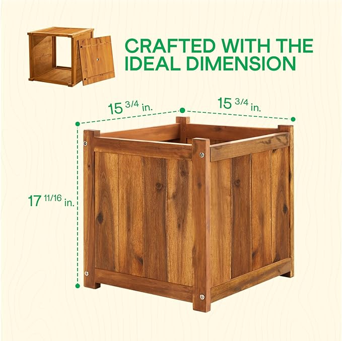 Idzo Set of 2 Acacia Wood Flower Planters for Outdoor Plants Ergonomic Handles Drainage Holes Various Sizes Ideal for Home Décor Light Cherry