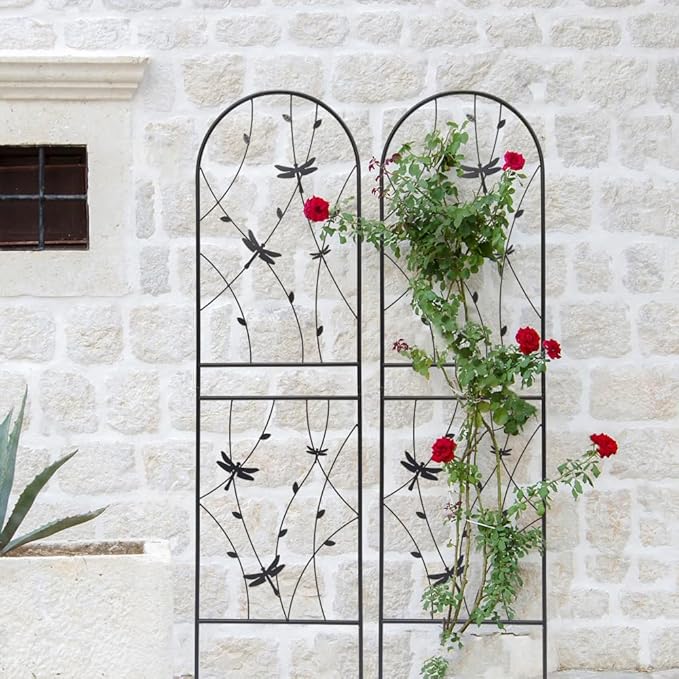 Sturdy Metal Garden Trellis for Climbing Plants – Rust-Resistant Outdoor Flower Support with Decorative Dragonfly Design (4 Pack-H71'')