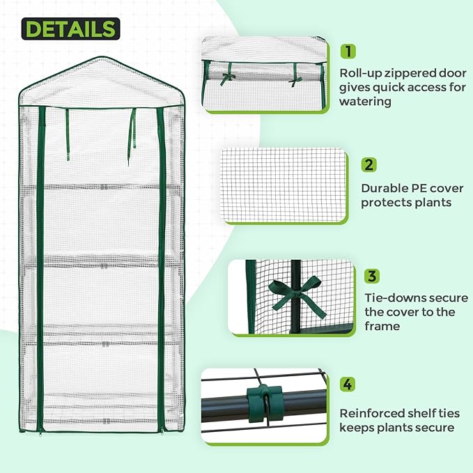 EAGLE PEAK 4-Tier Mini Greenhouse Portable Green House with Shelves &amp Weather-Resistant PE Cover Small Greenhouse for Seedlings &amp Gardening Gifts 27x19x64 in Clear/White