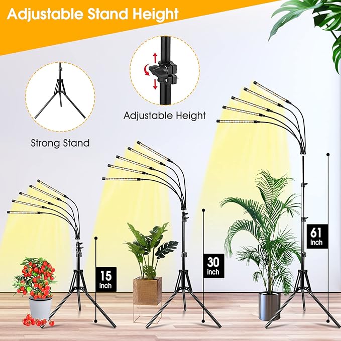 Wolezek Grow Lights for Indoor Plants 2 Pack Full Spectrum Plant Light with Adjustable Stand 5-Head LED Grow Light with Auto 6/12/16H Timer 5 Brightness Levels Ideal for Large &amp Tall Plants