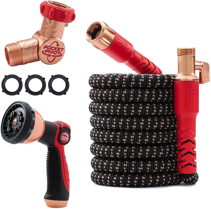 Pocket Hose 50 FT Copper Head Expandable Garden Hose with Pocket Pivot No Tangles AS SEEN ON TV 360° Swivel Tri-Tex Tubing Force Field Jacket Lead-Free No-Kink Anti-Burst w/APT