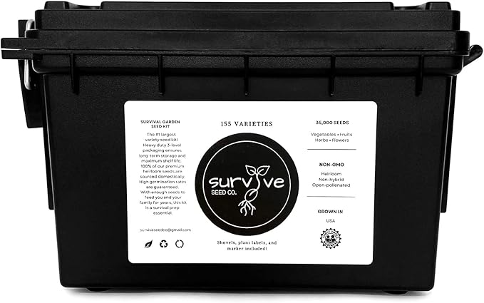 Survival Seed Kit America's #1 Largest Assortment of Heirloom Seeds - 155 Varieties - (Over 65000 Seeds) Vegetable Fruit Herb Flower Non-GMO Seed Vault Home Garden by Survive Seed Co.