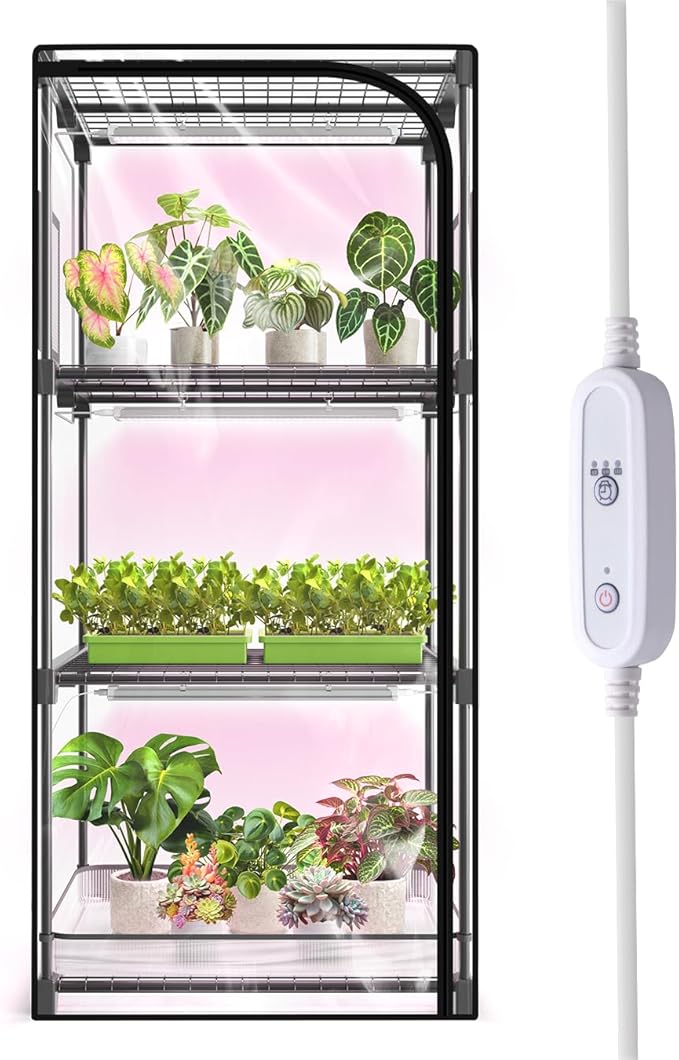 Indoor Greenhouse with Grow Light 4-Tier Plant Stand with Zippered PVC Tent Ventilation Window Bottom Pouch 20W Full Spectrum Plant Light with Timer for Seed Starting 27L x 19W x 59H