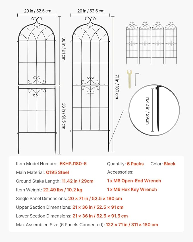 VEVOR 6 Packs Metal Garden Trellis for Climbing Plants Outdoor 71x20in Rustproof Plant Tall Trellis for Rose Vine Flowers and Vegetables