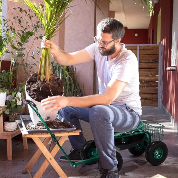 Rolling Garden Cart with Ergonomic Seat Outdoor Gardening Stool for Planting Garden Scooter with 360 Degree Swivel Seat &amp Steering Handle &amp Tool Tray (Handle Green)