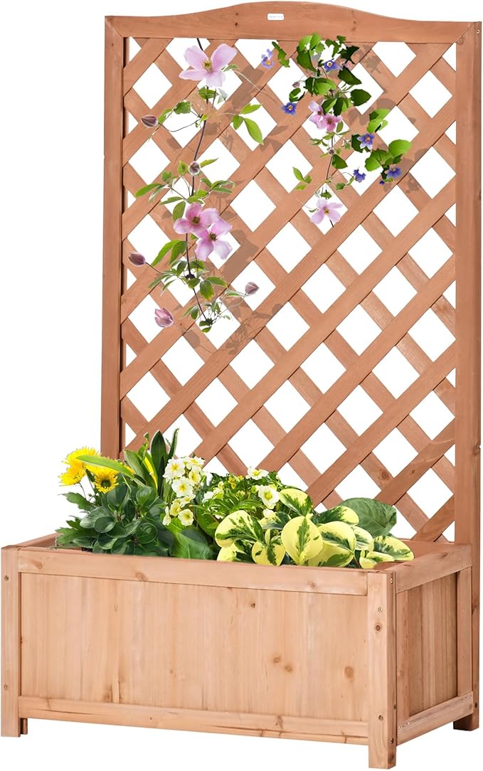 Outsunny Wooden Raised Garden Bed with Trellis 46 Planter Box to Grow Vegetables Herbs and Flowers for Backyard Patio Brown