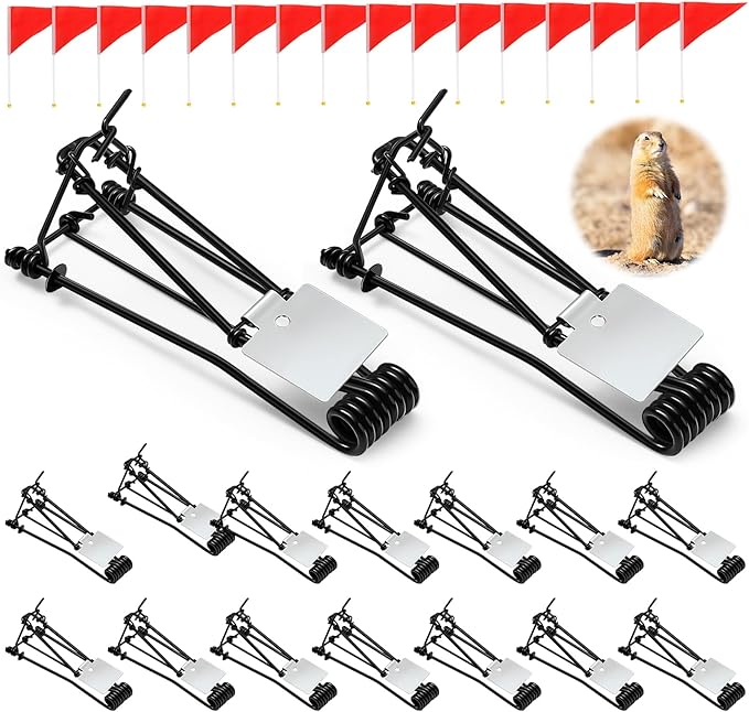 Qualirey 32 Pcs Outdoor Gopher Traps Bulk - Reusable Galvanized Gopher Trap with Red Stick Flags Weather Resistant Mole Vole Trap Killer for Farm Lawn Yard Garden (Black)